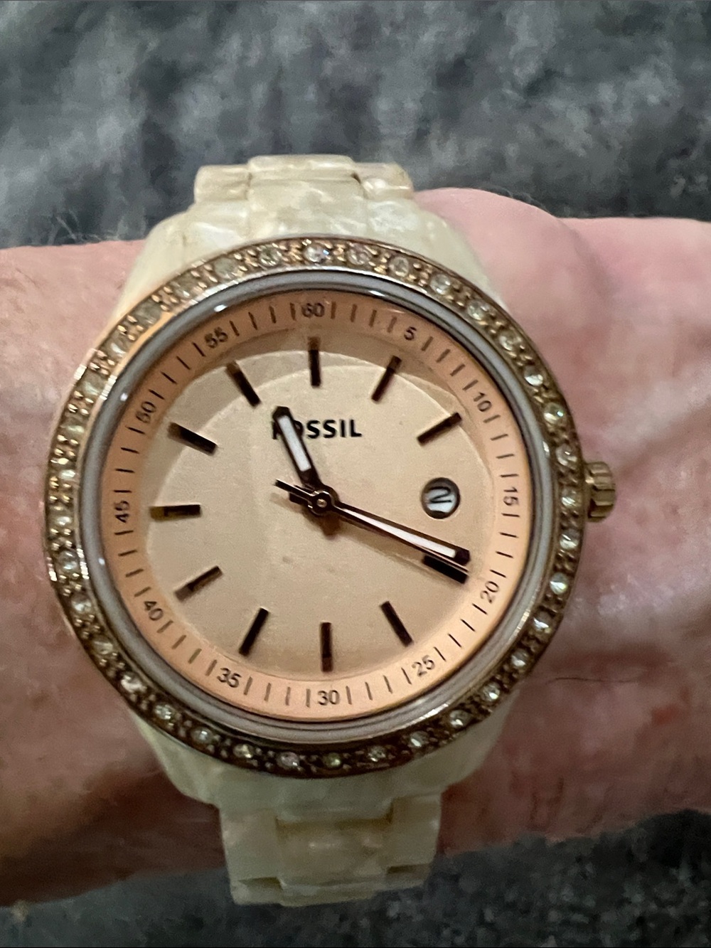 Fossil Cream Resin Bracelet Watch with Rose Gold Dial and Crystal Bezel
